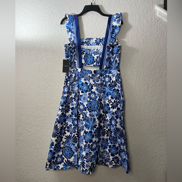 Tahari ASL Floral Ruffle Strap Blue White Casual Retro Open back Mini Midi Dress - Picture 7 of 11